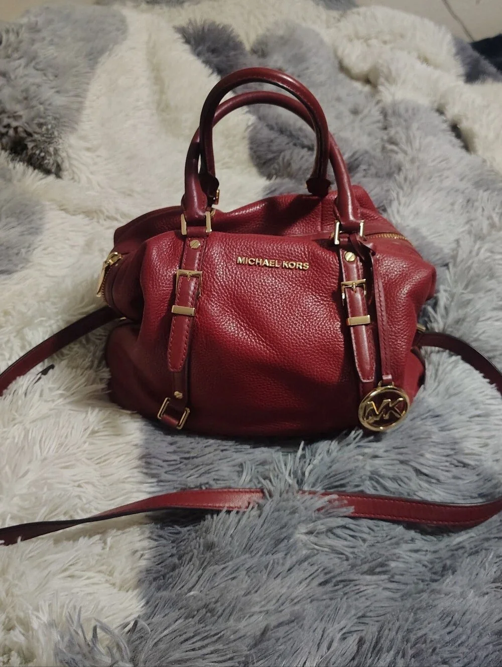 Michael Kors Bedford Legacy Deep Red Pebbled Leather Satchel with Gold Hardware